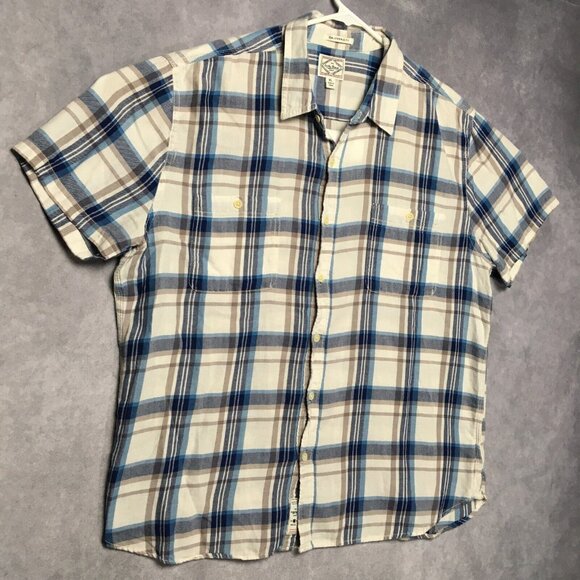Lucky Brand Men Button Up Plaid Shirt size XL Short Sleeve Blue White California - Picture 2 of 15